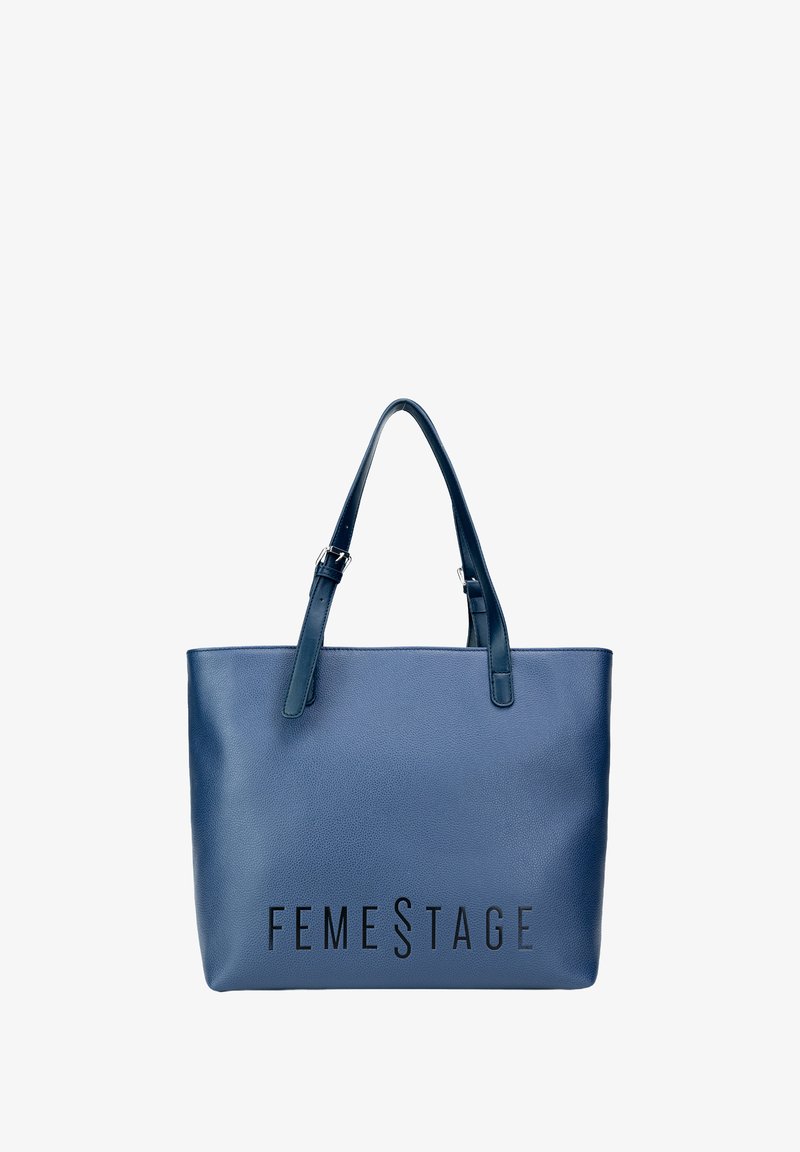 Niebieska torba typu tote z faux skórki z dwoma ramiączkami na ramię i wytłoczonym logo "FEMESTAGE" z przodu. Gładka struktura o minimalistycznym designie.