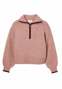 Pullover-Sweater aus pinkfarbigem Wollmix mit einem halben Reißverschlusskragen, gerippten Bündchen und Saum. Verfügt über ein kontrastierendes, dunkelburgunderfarbenes Reißverschlussdetail.