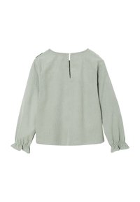Hellgrün-bluse mit langen Ärmeln, Rückenknopfverschluss und voluminösen, elastischen Manschetten an den Ärmeln, flach auf einem weißen Hintergrund präsentiert.