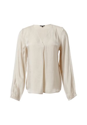 Beige blouse with long, voluminous sleeves, v-neckline, and soft sheen. Features delicate pleats at the shoulders and a relaxed fit.
