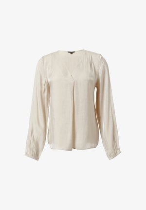 Beige blouse with long, voluminous sleeves, v-neckline, and soft sheen. Features delicate pleats at the shoulders and a relaxed fit.