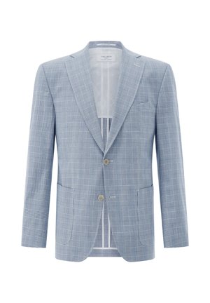 Hellblauer Herrenblazer mit grauem Karomuster, Kerbkragen, Zwei-Knopf-Verschluss und aufgesetzten Taschen, auf weißem Hintergrund dargestellt.