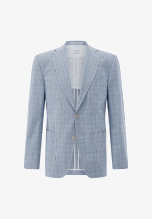 Hellblauer Herrenblazer mit grauem Karomuster, Kerbkragen, Zwei-Knopf-Verschluss und aufgesetzten Taschen, auf weißem Hintergrund dargestellt.