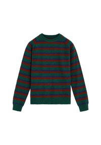 Suéter verde con rayas horizontales en rojo y púrpura. Cuello redondo, mangas largas y puños y dobladillo de punto acanalado. Textura suave.
