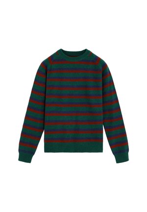 Suéter verde con rayas horizontales en rojo y púrpura. Cuello redondo, mangas largas y puños y dobladillo de punto acanalado. Textura suave.