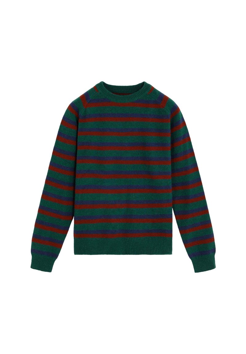 Suéter verde con rayas horizontales en rojo y púrpura. Cuello redondo, mangas largas y puños y dobladillo de punto acanalado. Textura suave.