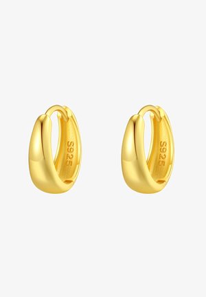 Słuchawki w kolorze złotym w kształcie okrągłych kółek o gładkim, zaokrąglonym wzorze. Oznaczone "S925" na wewnętrznej powierzchni, co wskazuje na materiał ze srebra sterlingowego.