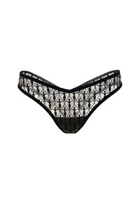 Südamemustriga must-valge pitsiline tanga, millel on must äär ja V-kujuline disain. Kergest, poolläbipaistvast kangast.