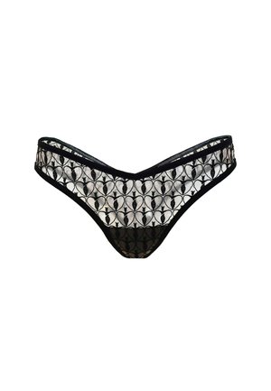 Südamemustriga must-valge pitsiline tanga, millel on must äär ja V-kujuline disain. Kergest, poolläbipaistvast kangast.