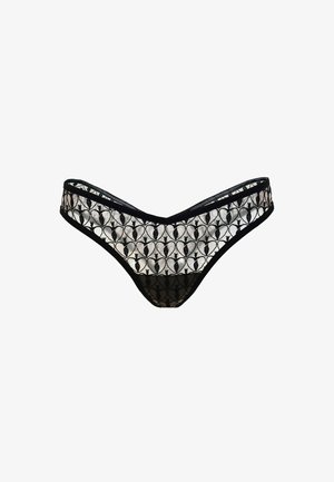 Lace zwarte en witte string met hartjespatroon, voorzien van een zwarte rand en een V-vormig ontwerp. Lichtgewicht, semi-transparante stof.