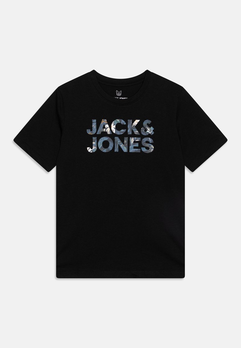 Černé bavlněné tričko s textem "JACK & JONES" v jednobarevném vzoru. Krátké rukávy a kulatý výstřih.