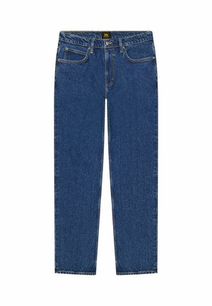 Blaue Denim-Jeans mit geradem Bein, klassischem Fünf-Taschen-Design und Knopfverschluss, mit Lee-Markenlabel am Bund.