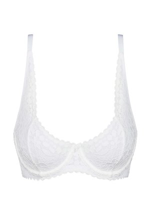 Reggiseno bianco in pizzo con coppe morbide, bordi scallop e spalline regolabili. Presenta una texture liscia e delicata e un design semplice.