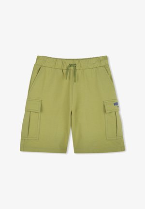 Light green cargo shorts made of soft fabric, featuring an elastic waistband, drawstring, and two side pockets with a flap.
