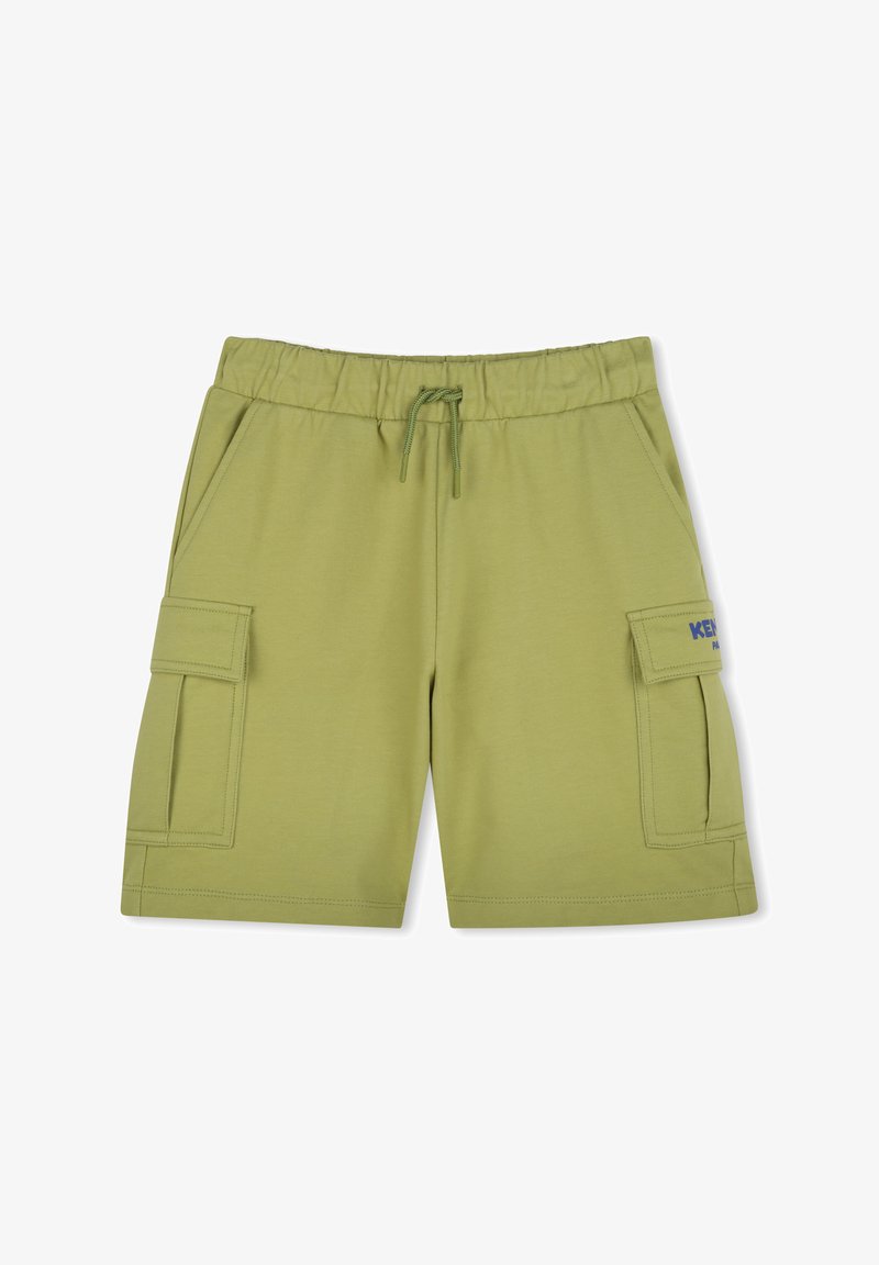 Lichtgroene cargoshorts van zacht stof, met een elastische tailleband, koord en twee zijzakken met een klep.