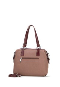 Brązowa torebka o fakturze z burgundowymi skórzanymi akcentami, z dwiema solidnymi uchwytami, odpinanym paskiem i zamykaną na zamek tylną kieszenią.