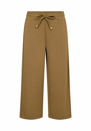 Smeđe široke pantalone skraćenog kroja s elastičnim strukom i vezicom, izrađene od mekog materijala.