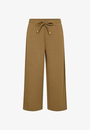 Smeđe široke pantalone skraćenog kroja s elastičnim strukom i vezicom, izrađene od mekog materijala.