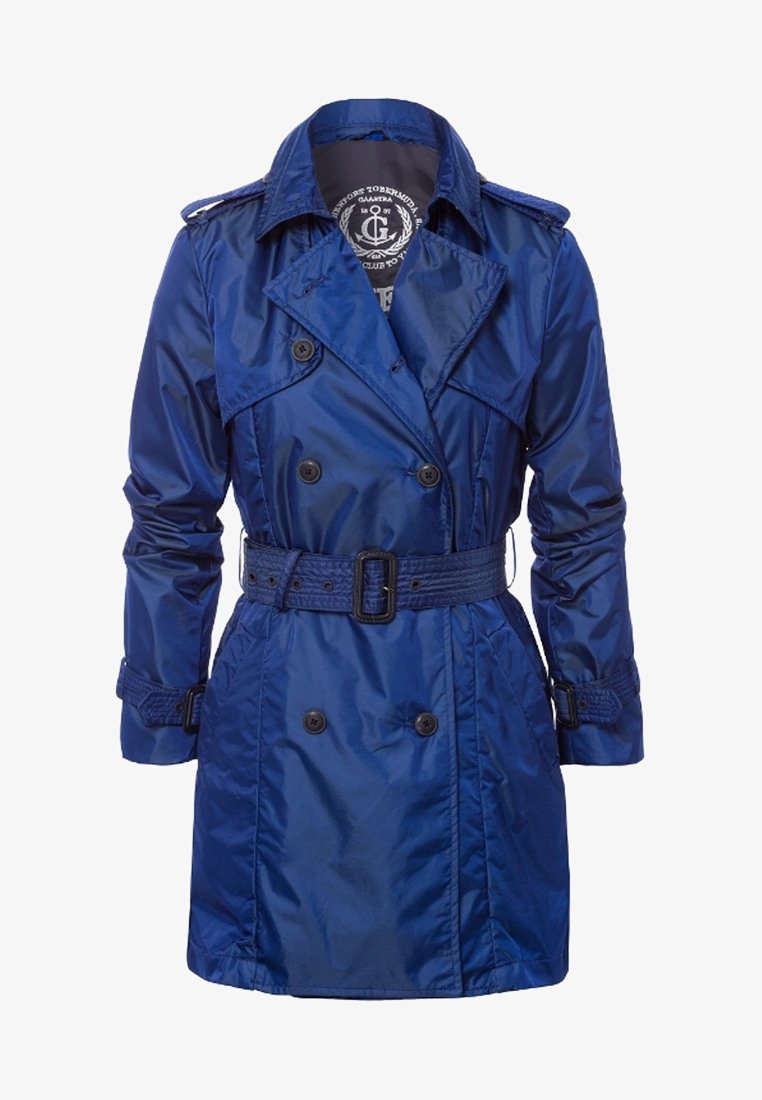 Trench-coat bleu pour femmes, double boutonnage, ceinturé, avec poignets boutonnés, épaulettes et doublure intérieure imprimée.