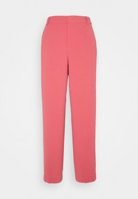 Růžové kalhoty na míru se rovnými nohavicemi, vysokým pasem, čistými liniemi a bez viditelných vzorů nebo ozdob.