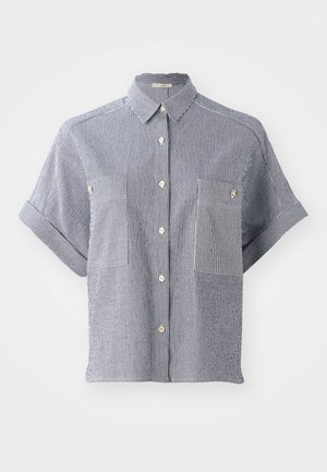 Camicia a maniche corte con bottoni in cotone a righe blu e bianche, dotata di due tasche frontali e colletto classico.