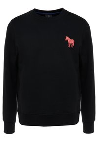 Svart sweatshirt i bomull med långa ärmar och rund halsringning, prydd med en röd broderad häst på vänster bröst.