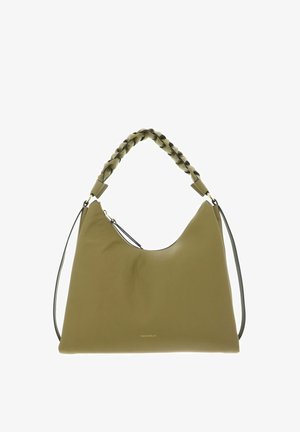 Borsa a mano in pelle verde oliva con manico intrecciato, tracolla aggiuntiva e chiusura con cerniera, con piccolo logo dorato.