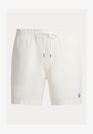 Białe lniane szorty z elastycznym pasem i sznurkiem do regulacji, z małym niebieskim haftowanym logo po prawej dolnej stronie.