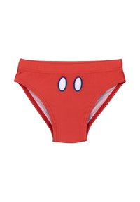 Rotes Schwimmbrief aus elastischem Material, mit enganliegendem Schnitt, blauen, augenähnlichen Akzenten auf der Vorderseite und einem glatten Innenfutter.