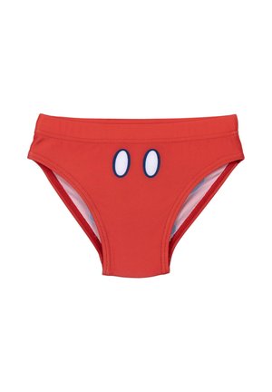 Brief de bain rouge en tissu extensible, offrant un ajustement serré, avec des accents bleus en forme d'œil à l'avant et une doublure intérieure douce.