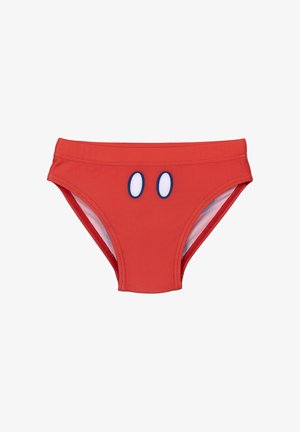 Rotes Schwimmbrief aus elastischem Material, mit enganliegendem Schnitt, blauen, augenähnlichen Akzenten auf der Vorderseite und einem glatten Innenfutter.