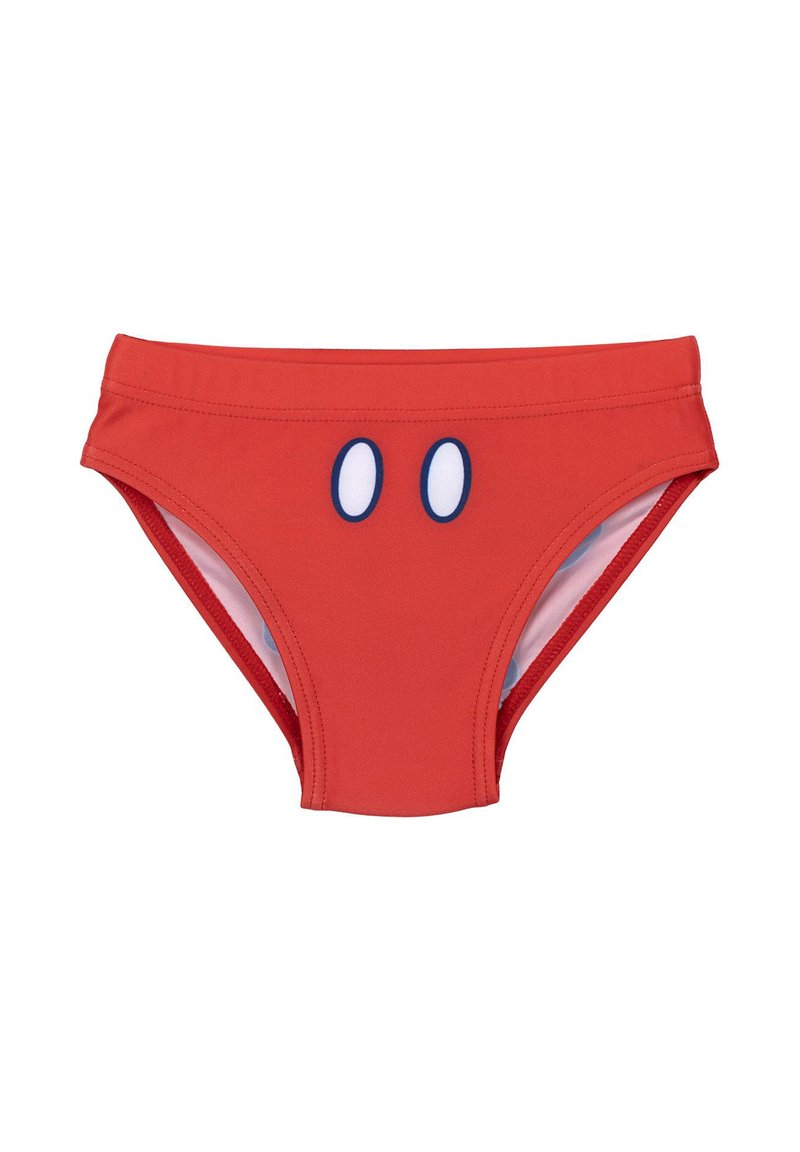 Rotes Schwimmbrief aus elastischem Material, mit enganliegendem Schnitt, blauen, augenähnlichen Akzenten auf der Vorderseite und einem glatten Innenfutter.