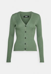 Ribbed green cardigan with a V-neckline, long sleeves, and six black buttons down the front, featuring a fitted design.