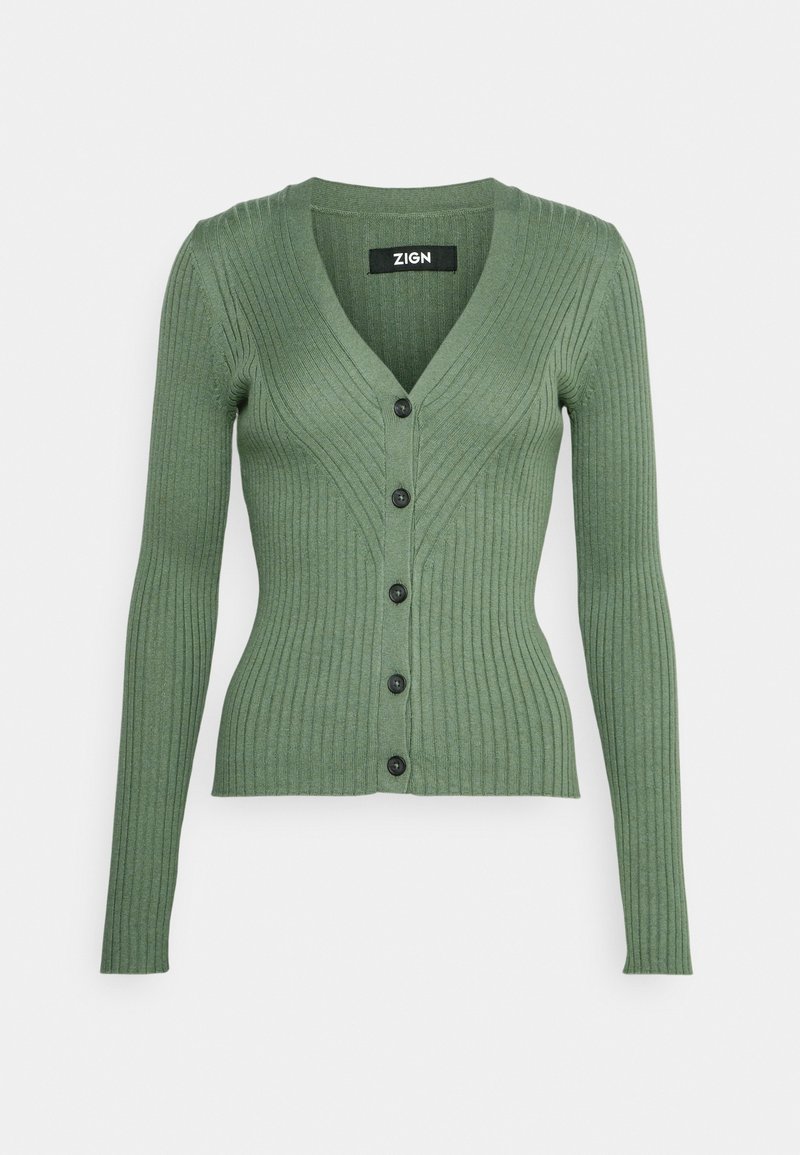 Ribbed green cardigan with a V-neckline, long sleeves, and six black buttons down the front, featuring a fitted design.