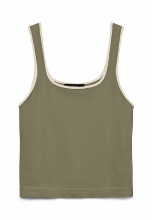 Top court olive vert avec larges bretelles et encolure dégagée, fabriqué en tissu doux.