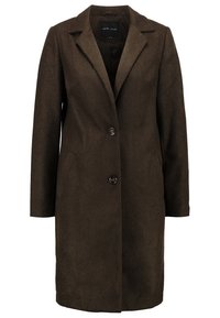 Parker en laine marron avec un col cranté, conception boutonnée simple, deux boutons et poches latérales. Texture lisse et coupe mi-longue.