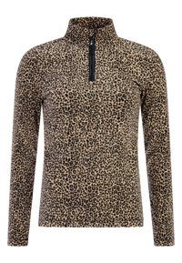 Pull-over à col zippé en imprimé léopard beige et noir, manches longues, tissu doux, et finition à coutures plates. Doté d'un court zip noir.