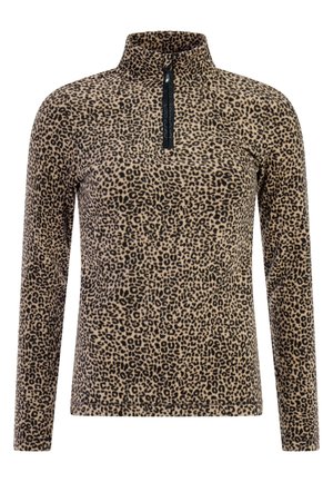 Pulover s leopard printom, s dugim rukavima u bež i crnoj boji, od mekog materijala, s ravnim šavovima. Ima mali crni patentni zatvarač.