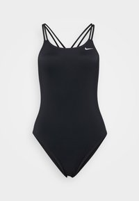 Zwart badpak met dunne kruisschakels, gemaakt van een glad materiaal, met een klein wit logo op de borst.