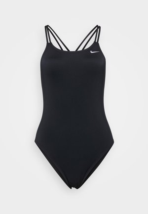 Črn enodelni kopalni plašč z tankimi križnimi naramnicami, izdelan iz gladkega materiala, s majhnim belim logotipom na prsih.