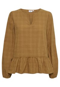 Blusa marrone a maniche lunghe con scollo a V, motivo a quadri testurizzato e orlo a peplo. Tessuto morbido con dettagli arricciati intorno alle maniche.