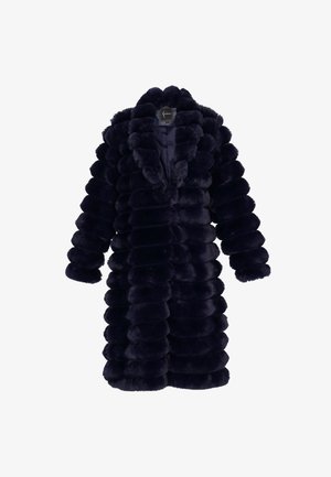 Marineblauwe nepbontjas met een golvende textuur, uitgevoerd in een middellange stijl, met een grote kraag en brede mouwen voor een comfortabele pasvorm.