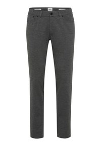 Pantaloni grigi realizzati in tessuto morbido, caratterizzati da un design slim fit, due tasche anteriori e una tasca posteriore con chiusura a bottone.