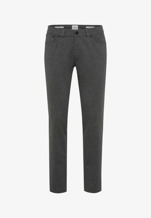 Pantalons gris en tissu doux, avec une coupe slim, deux poches avant et une poche arrière avec bouton.