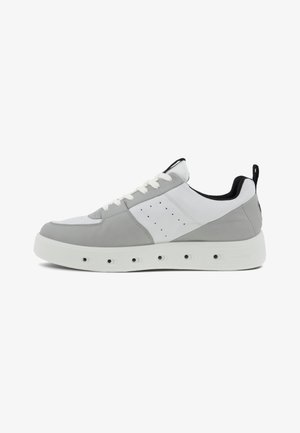 Sneaker featuring a mix of gray and white leather, lace-up design, perforated side accents, and a thick white sole with drainage holes.