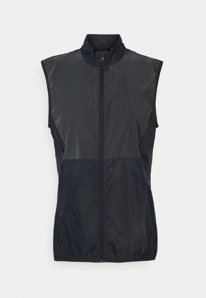 Svart ärmlös väst i lätt material, med hög krage och full frontdragkedja. Slät textur med en matt yta.