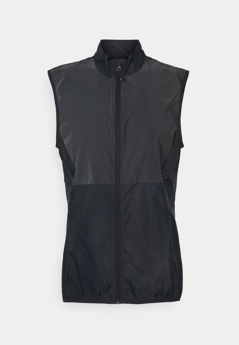 Zwarte mouwloze vest gemaakt van lichtgewicht materiaal, met een hoge kraag en een volledige ritssluiting aan de voorkant. Gladde textuur met een matte afwerking.