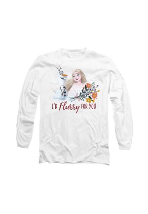 Long-sleeve white cotton shirt featuring a colorful graphic of a blonde girl and a snowman with flowers and the text "I’d Flurry For You."