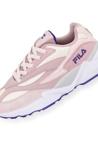 Pink and cream sneaker with perforated upper, suede accents, and white outsole. Features Fila logo in purple on the side and heel.