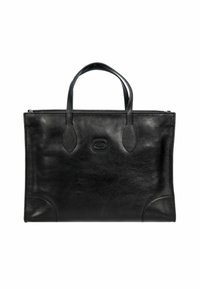 Borsa tote in pelle nera con doppi manici, forma strutturata, texture liscia e logo impresso in modo sottile al centro.